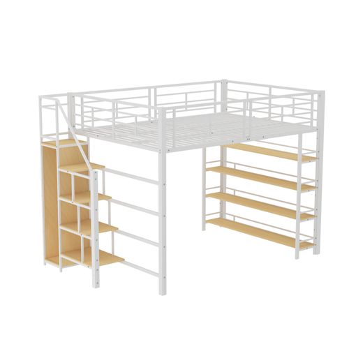 Lit Mezzanine 140x200cm-avec Escalier De Sécurité-espace De Rangement-Lit Simple-Lit Enfant-blanc