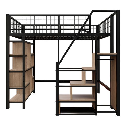 Lit Mezzanine Multifonctionnel 140x200cm-avec Espace De Rangement-Lit Adulte Et Enfant-Noir
