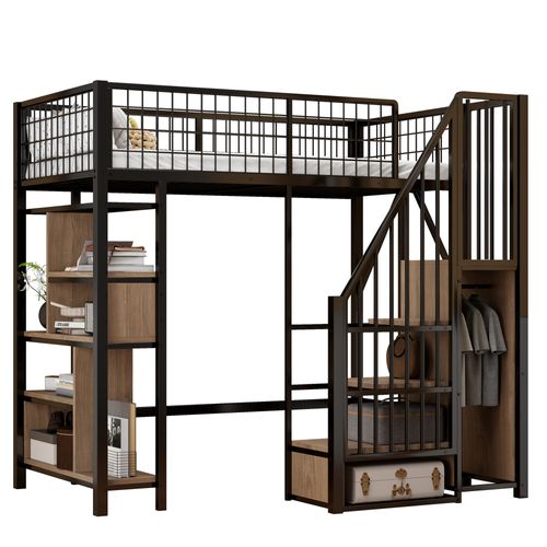 Lit Mezzanine Multifonctionnel 90x200 Cm-en Métal-convient Aux Adultes Et Aux Enfants-noir