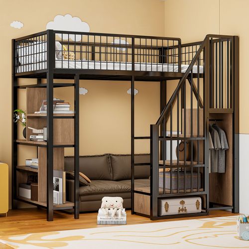 Lit Mezzanine Multifonctionnel 90x200 Cm-en Métal-convient Aux Adultes Et Aux Enfants-noir