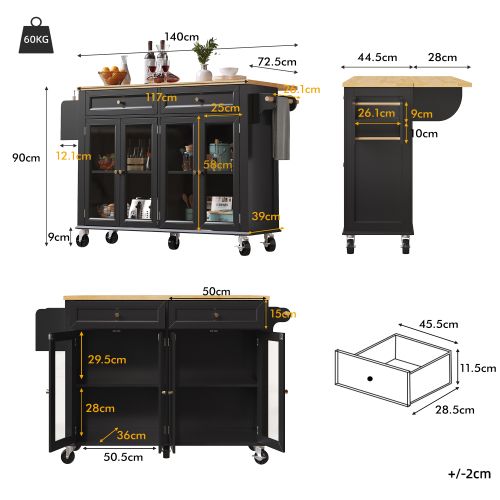 Îlot De Cuisine Avec Rangement-meuble De Cuisine à Roulettes-desserte De Cuisine-portes Vitrées-noir