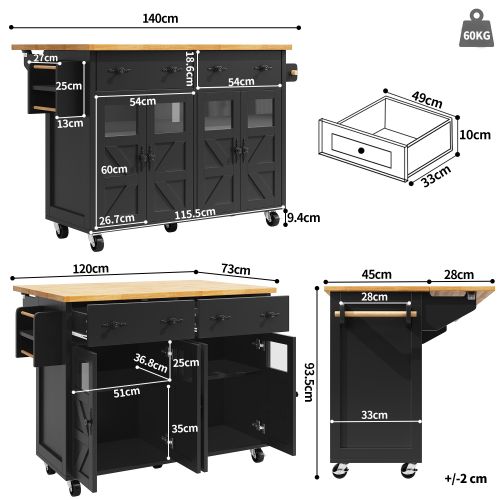 Îlot De Cuisine Avec Rangement-desserte Multifonctionnelle-buffet Mobile-étagères Réglables-noir