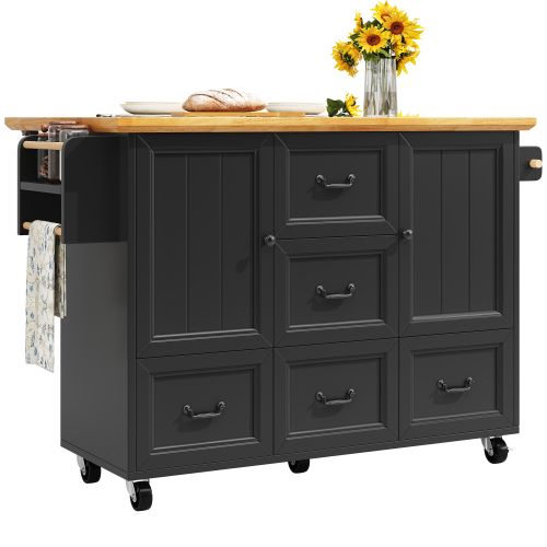 Îlot De Cuisine Avec 5 Tiroirs-desserte Sur Roulettes Avec Porte-serviettes-étagères Réglables-noir