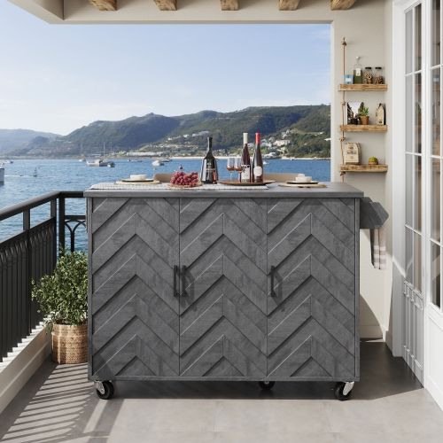 Îlot De Cuisine-meuble De Cuisine Extensible à Roulettes-étagères Réglables-motif Ondulé En 3d-gris