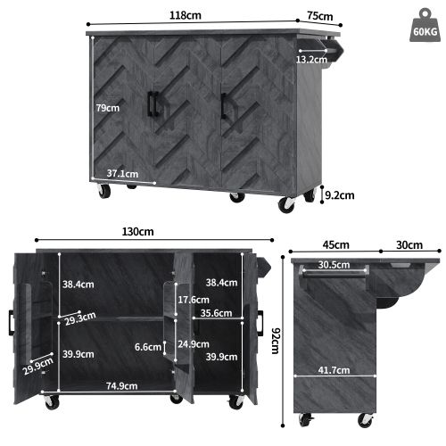 Îlot De Cuisine-meuble De Cuisine Extensible à Roulettes-étagères Réglables-motif Ondulé En 3d-gris