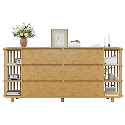 Commode 160cm- Style Romain Avec Colonnes Et Étagères En Bambou-étagères Ouvertes-en Chêne