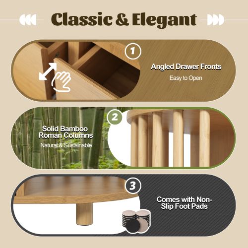 Commode 160cm- Style Romain Avec Colonnes Et Étagères En Bambou-étagères Ouvertes-en Chêne