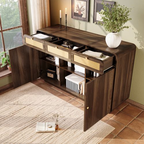 Buffet-caisson à Tiroirs-sécurité Anti-bascule-étagères Réglables En Hauteur-en Rotin-noyer