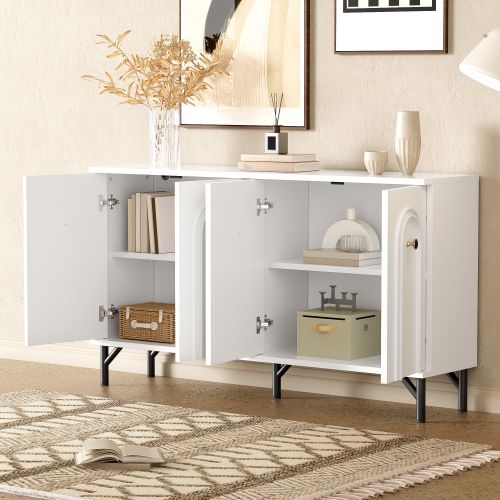 Commode 140 Cm Avec 4 Portes–façade Incurvée 3d-étagères Réglables-pour Le Salon,l'entrée-blanc