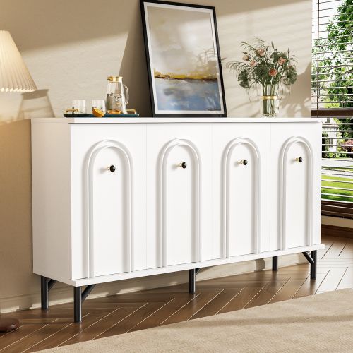 Commode 140 Cm Avec 4 Portes–façade Incurvée 3d-étagères Réglables-pour Le Salon,l'entrée-blanc