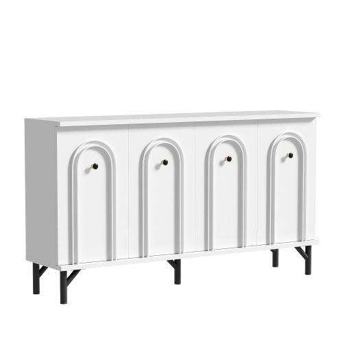Commode 140 Cm Avec 4 Portes–façade Incurvée 3d-étagères Réglables-pour Le Salon,l'entrée-blanc