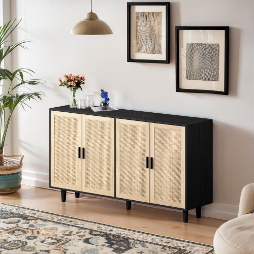 Buffet de rangement 158 Cm-En rotin à 4 Portes-Pour chambre, salon, bureau-Noir et Bois