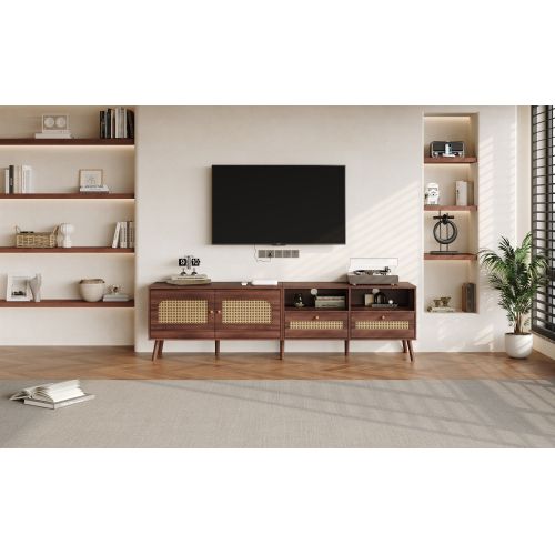 Meuble TV 200cm-meubles De Salon-avec 2 Portes En Rotin-2 Tiroirs-pour Téléviseurs 80 Pouces-marron