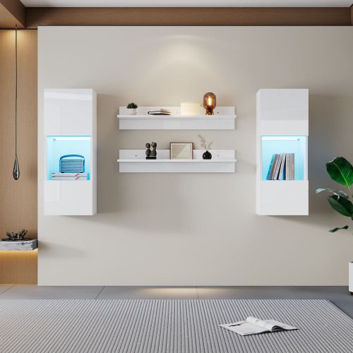 Ensemble De Meubles TV Muraux-avec Éclairage LED-murales Et 2 Étagères Suspendues-blanc Brillant