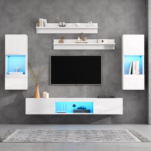 Ensemble De Meubles TV Muraux-avec Éclairage LED-murales Et 2 Étagères Suspendues-blanc Brillant