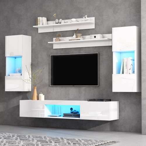 Ensemble De Meubles TV Muraux-avec Éclairage LED-murales Et 2 Étagères Suspendues-blanc Brillant