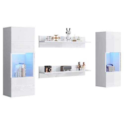 Ensemble De Meubles TV Muraux-avec Éclairage LED-murales Et 2 Étagères Suspendues-blanc Brillant
