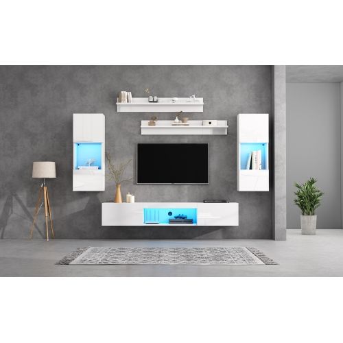 Ensemble De Meubles TV Muraux-avec Éclairage LED-murales Et 2 Étagères Suspendues-blanc Brillant