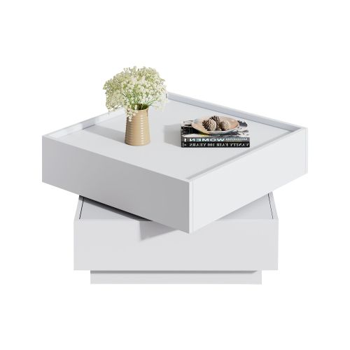 Table Basse Carrée 60x60x38cm-pivotante à 360°, Plateau Tournant Avec 2 Étagères-blanc