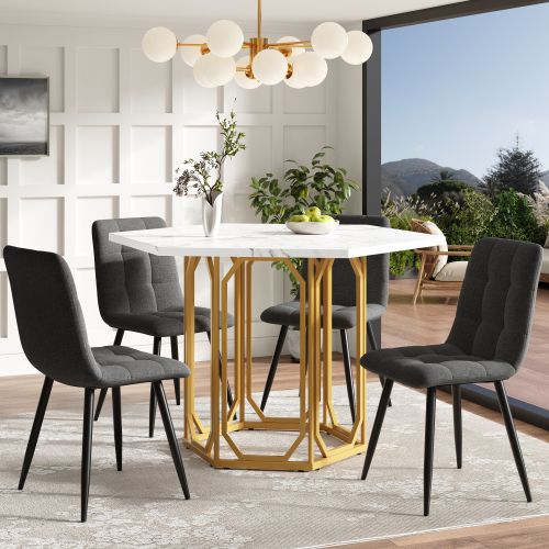 Table Hexagonale En Marbre (1 Pièce)-table De Cuisine Hexagonale -motif Marbre Doré