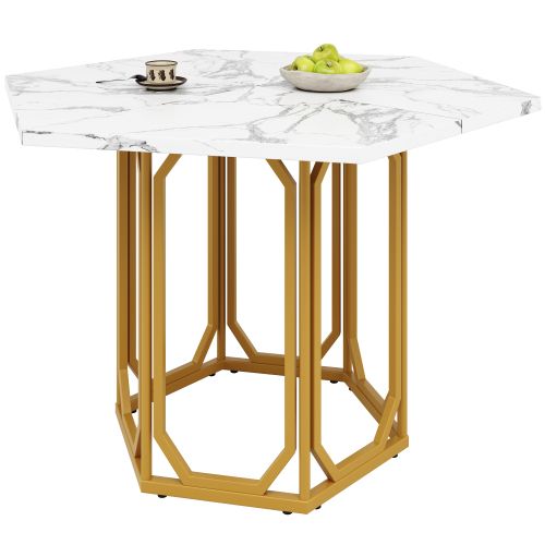 Table Hexagonale En Marbre (1 Pièce)-table De Cuisine Hexagonale -motif Marbre Doré