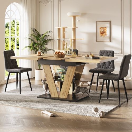 Table à Manger Extensible-Pour 6 Personnes-Extensible Jusqu'à 140 cm-Piètement en V-Naturel
