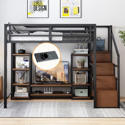 Lit Mezzanine 140x200cm-prise Électrique Et Échelle De Sécurité-en Métal Et Bois-lit Simple-noir