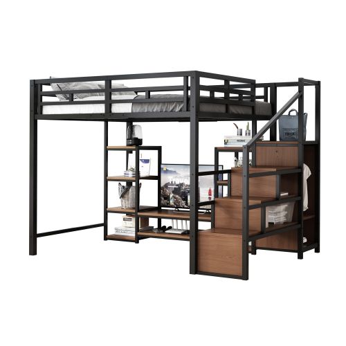 Lit Mezzanine 140x200cm-prise Électrique Et Échelle De Sécurité-en Métal Et Bois-lit Simple-noir
