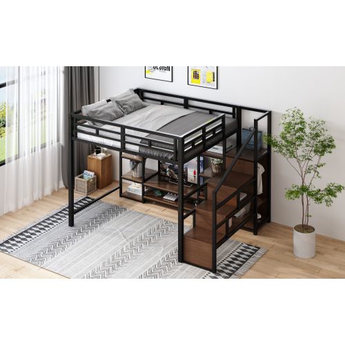 Lit Mezzanine 140x200cm-prise Électrique Et Échelle De Sécurité-en Métal Et Bois-lit Simple-noir