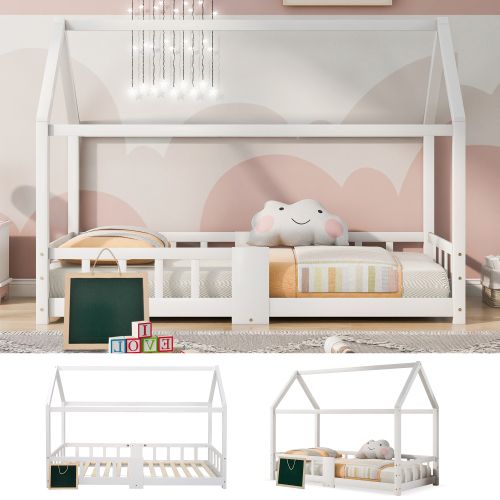 Lit Cabane Enfant 90 X 200 Cm-lit Pour Chambre D'enfant Comprenant Un Tableau Noir-en Pin-blanc