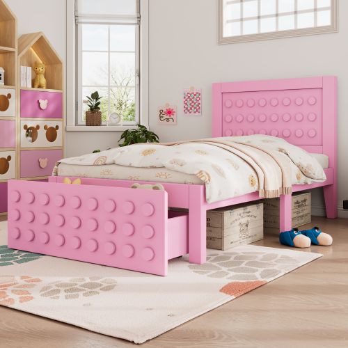Lit Simple 90x190cm-lit Enfant/ado En Bois Massif-avec Tiroirs Et Rangement Sous Le Lit-rose