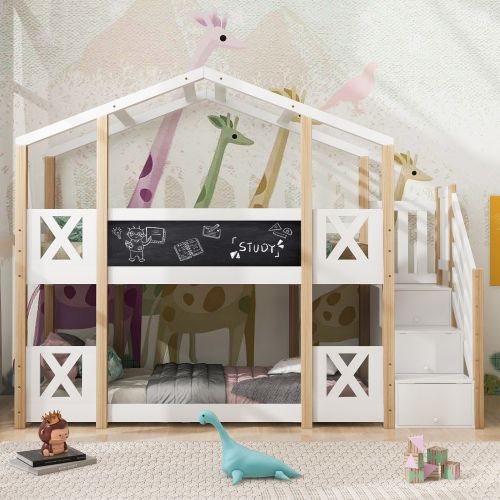 Lit Superposé 90x200 Cm-lit Cabane Pour Enfant Avec Escalier-lit Enfant-naturel Et Blanc