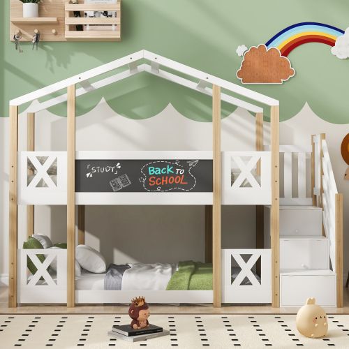 Lit Superposé 90x200 Cm-lit Cabane Pour Enfant Avec Escalier-lit Enfant-naturel Et Blanc