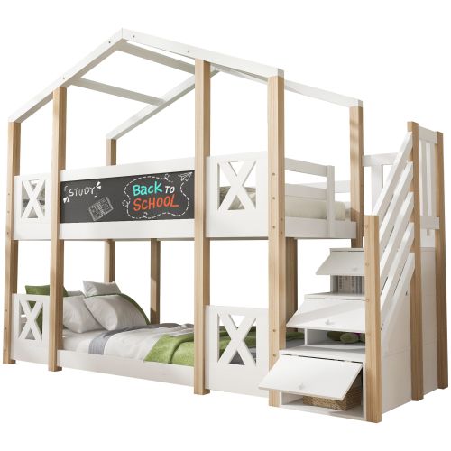 Lit Superposé 90x200 Cm-lit Cabane Pour Enfant Avec Escalier-lit Enfant-naturel Et Blanc