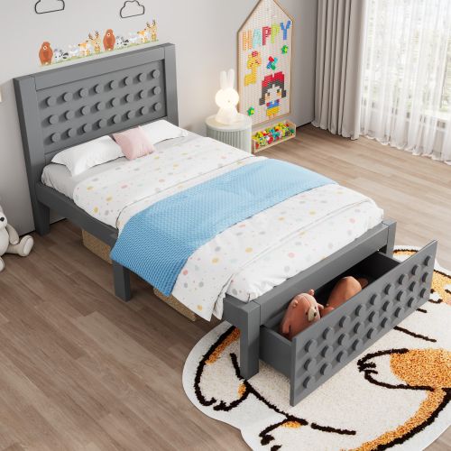 Lit Simple 90x200 Cm-lit Enfant/ado-avec Tiroirs Et Rangement Sous Le Lit-gris