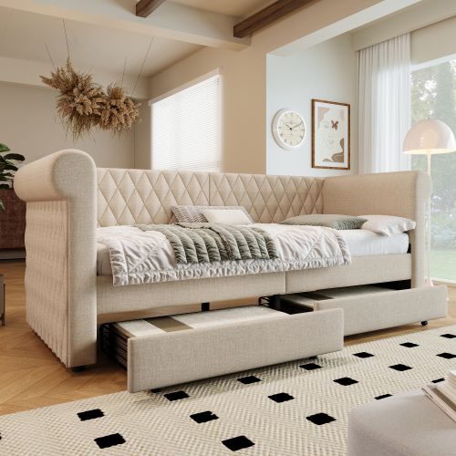 Lit Capitonné-canapé-lit 90x200 Cm-avec 2 Tiroirs De Rangement-lit Enfant-lit Jeune-beige