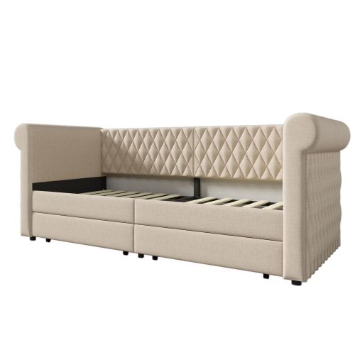 Lit Capitonné-canapé-lit 90x200 Cm-avec 2 Tiroirs De Rangement-lit Enfant-lit Jeune-beige