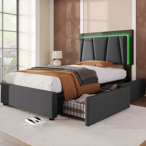 Lit Rembourré Avec Éclairage LED Et 2 Tiroirs-lit Simple 90x200cm-en Bois-gris