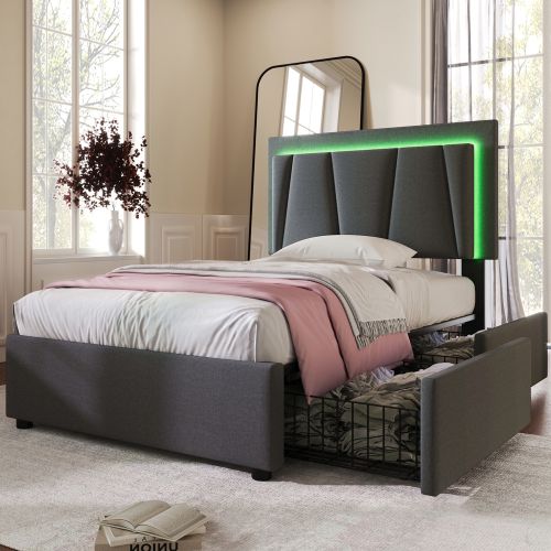 Lit Rembourré Avec Éclairage LED Et 2 Tiroirs-lit Simple 90x200cm-en Bois-gris