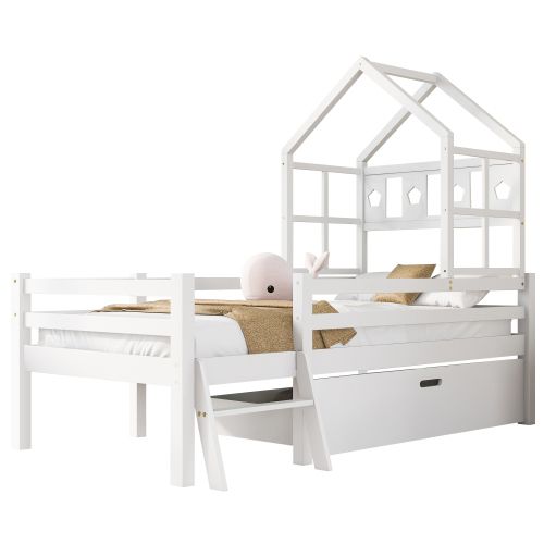 Lit Cabane 90x200cm -lit Enfant Avec Échelle Et Tiroirs-lit En Bois Massif-blanc