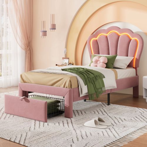 Lit Enfant LED Simple 90 X 200 Cm-avec Tiroirs, Matelassé-lit Junior-en Velours-rose