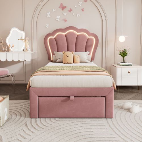 Lit Enfant LED Simple 90 X 200 Cm-avec Tiroirs, Matelassé-lit Junior-en Velours-rose