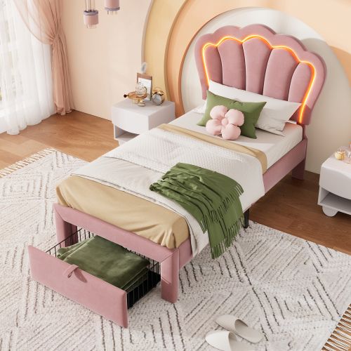 Lit Enfant LED Simple 90 X 190 Cm-avec Tiroirs, Matelassé-lit Junior-en Velours-rose