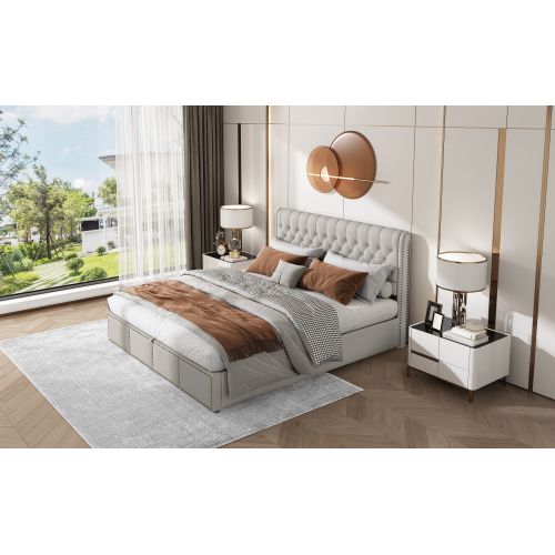 Lit Capitonné 180 X 200 Cm-avec Sommier Hydraulique-rangements Intégrés-gris Clair