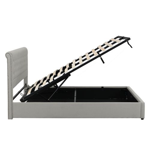 Lit Capitonné 180 X 200 Cm-avec Sommier Hydraulique-rangements Intégrés-gris Clair