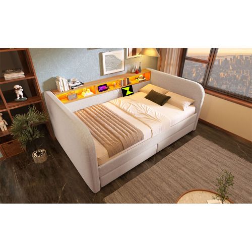 Canapé-lit 140x190cm Avec Éclairage LED-fonction De Chargement USB-c-avec 2 Tiroirs-lit Double-beige
