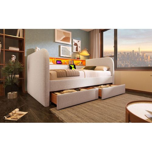 Canapé-lit 140x190cm Avec Éclairage LED-fonction De Chargement USB-c-avec 2 Tiroirs-lit Double-beige