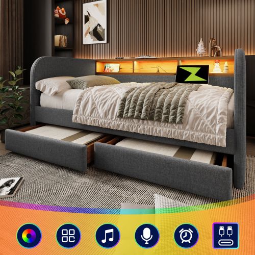 Canapé-lit 140x190cm Avec Éclairage LED-fonction De Chargement USB-c-avec 2 Tiroirs-lit Double-gris