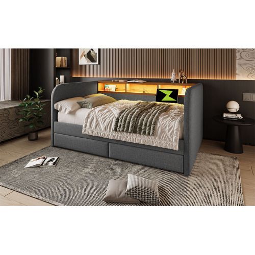 Canapé-lit 140x190cm Avec Éclairage LED-fonction De Chargement USB-c-avec 2 Tiroirs-lit Double-gris