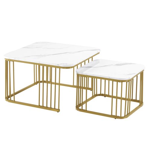 Ensemble De 2 Tables Basses Carrées-marbre Brillant-salon-blanc
